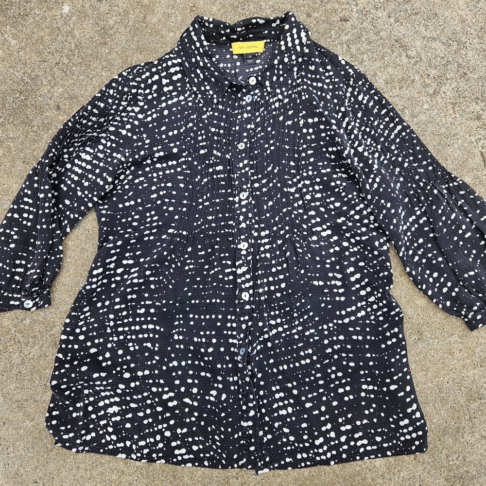 St. John Silk Sz 12 3/4 Sleeve Blouse Black White Speckled Button Up